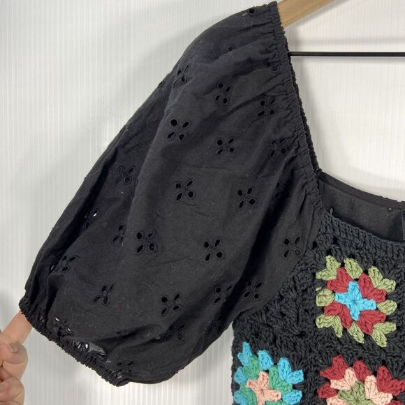 NWT Asos Black Mini Dress Granny Square Crochet Bodice Puff Sleeve Womens 0‎ - Picture 5 of 11